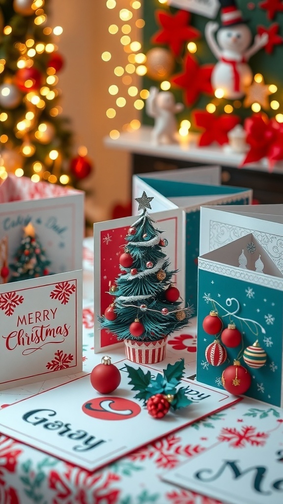 A display of handmade 3D Christmas cards with various festive designs on a decorated table.